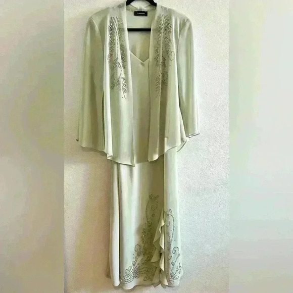 R&M Richards 2 Piece Light Olive Green Chiffon Strap Dress and Top Size 16 - Picture 1 of 6